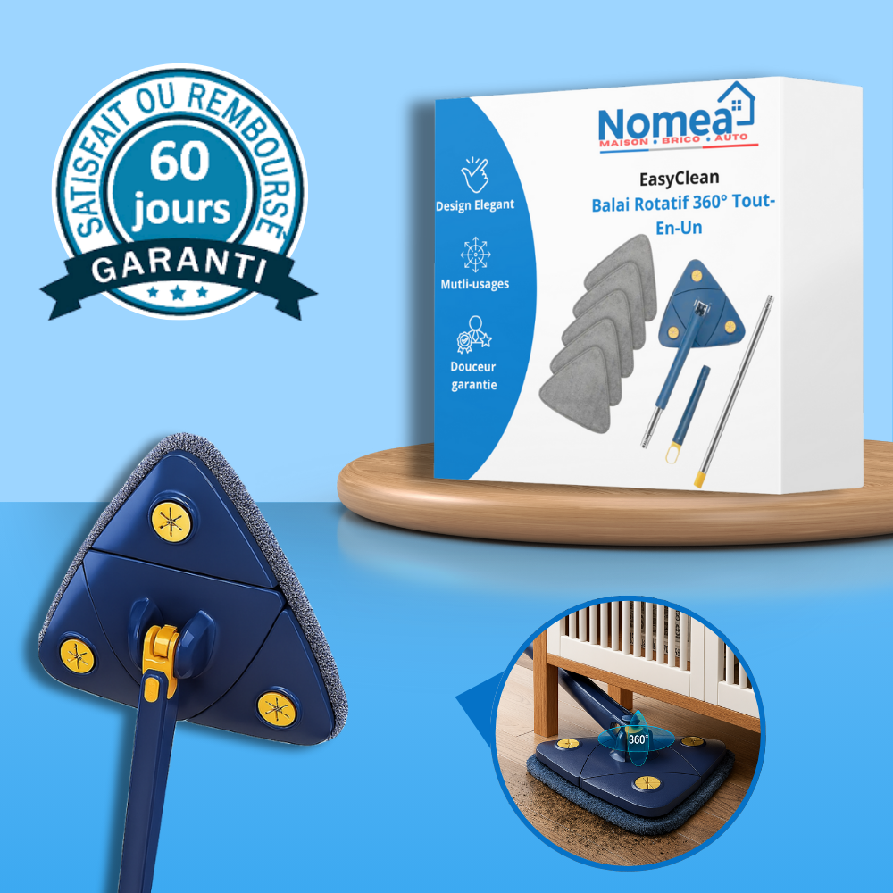 EasyClean - Balai Rotatif 360° Tout-En-Un + 5 Têtes Microfibres